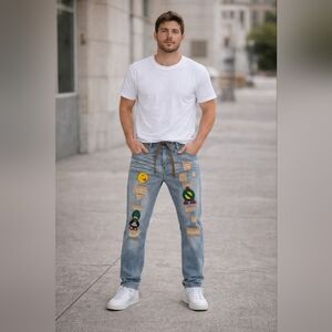 Men Distressed Rope Belt Jeans Straight Rip Fray Patch Smile Duck Art Wash 34/30